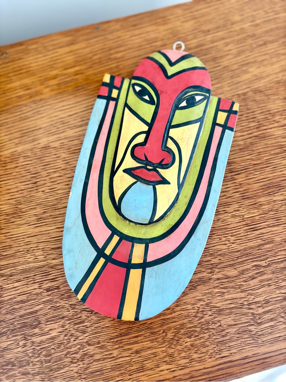 Hand-Painted Abstract Indonesian Mask in Red, Pink, Blue, Yellow, Green